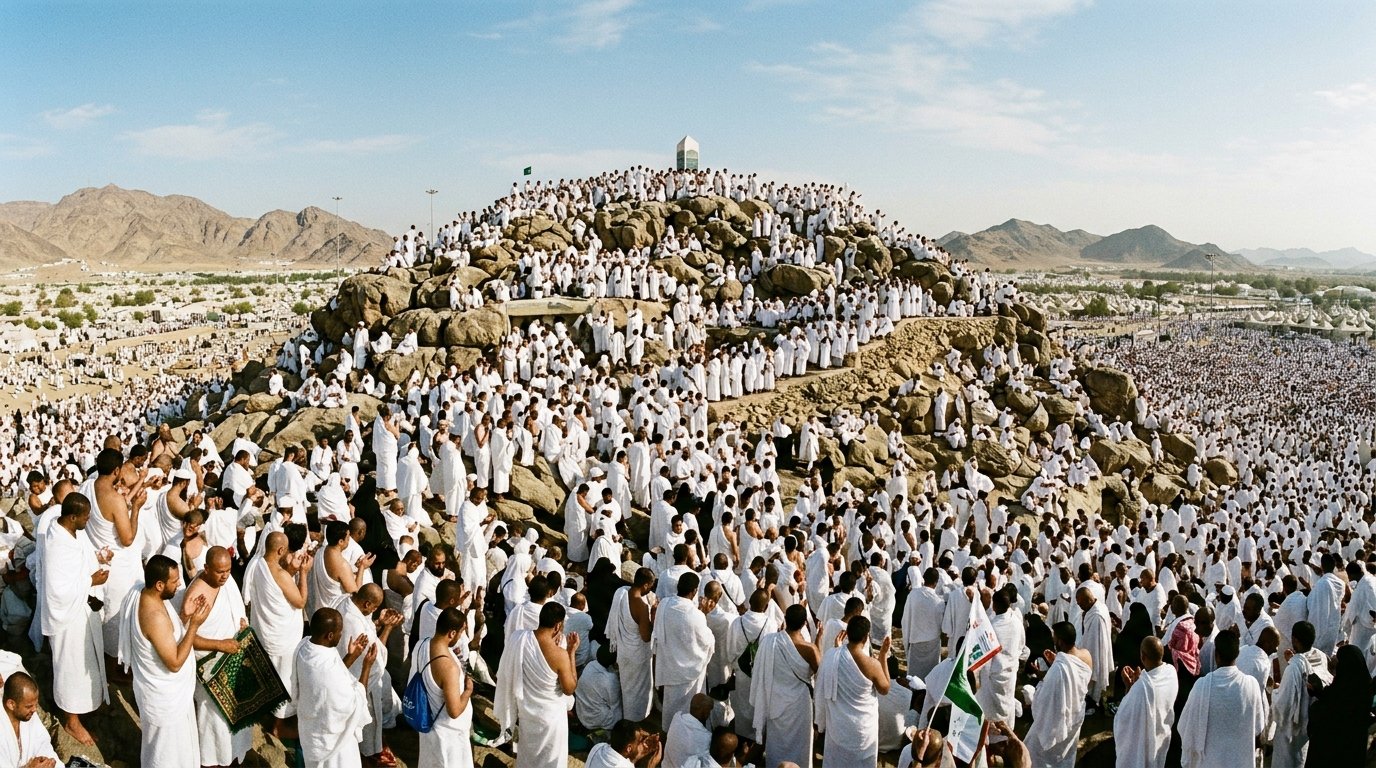 Pilgrims gathering on the Plains and Mount of Arafat during Hajj