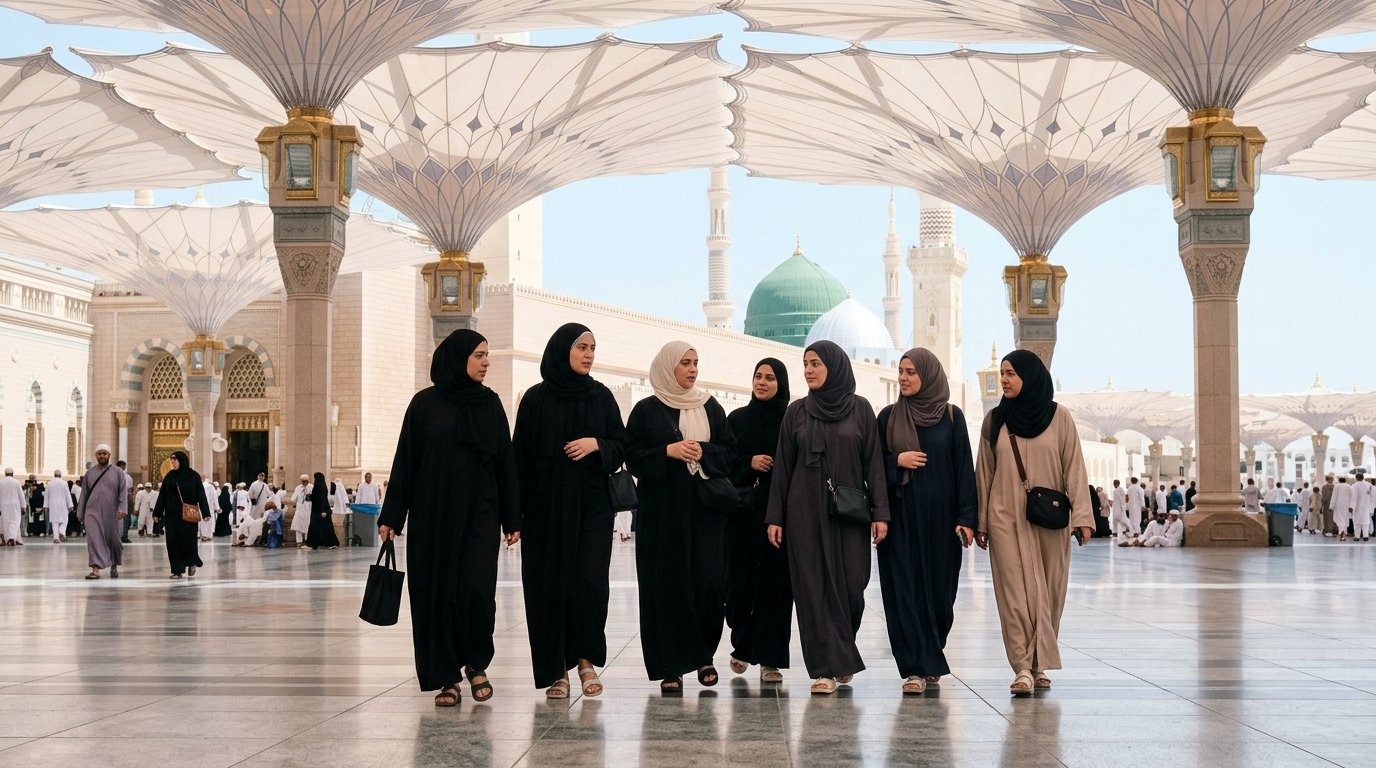 Al-Masjid an-Nabawi courtyard and iconic umbrellas in Madinah